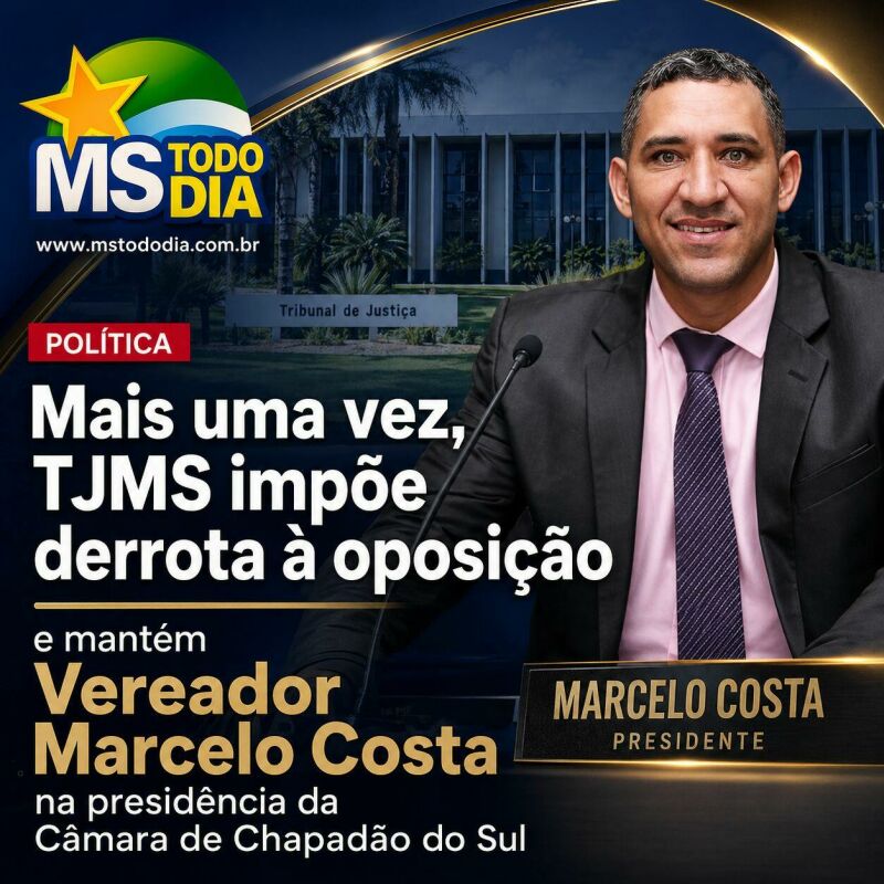 Ilustração da notícia Mais uma vez, TJMS impõe derrota à oposição e mantém Marcelo Costa na presidência da Câmara de Chapadão do Sul